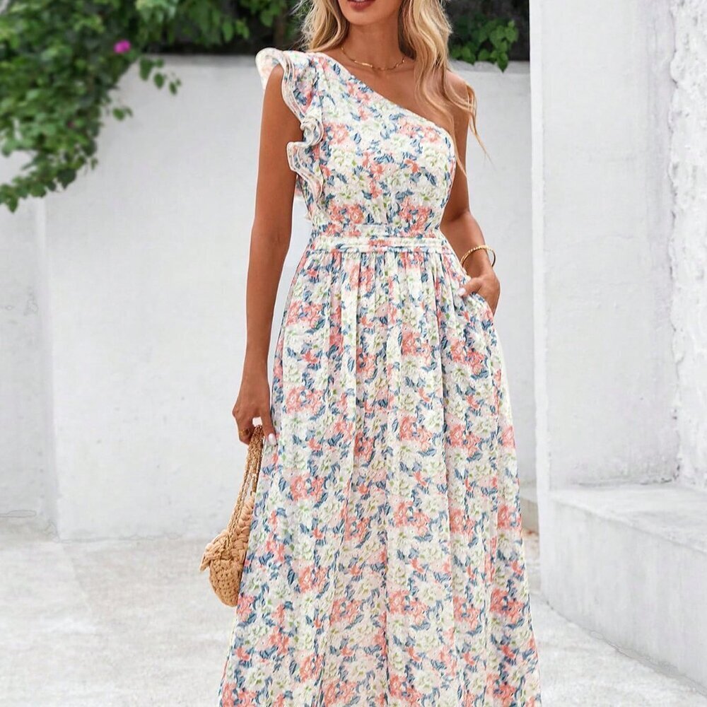 Apricot Boho Women's Floral One Shoulder Sleeveless Smocked Ruffle Maxi Dress